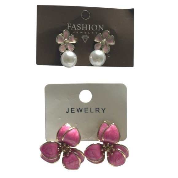 Fashionova Jewelry - 2 Pairs Women Floral Earrings Pink Statement & Pearl Drop Fashion Jewelry